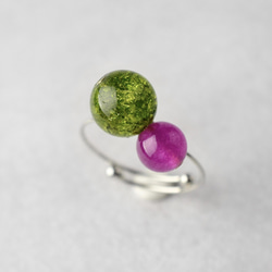 雙色戒指碎綠色蔓越莓粉紅色天然石戒指開環禮物 第8張的照片