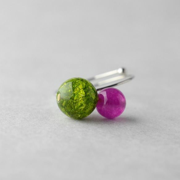 雙色戒指碎綠色蔓越莓粉紅色天然石戒指開環禮物 第11張的照片
