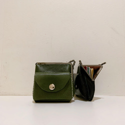 姫路レザーminiがま口財布◆L字　グリーン　ポッケあり　名刺入れ　カード入れ　緑色の財布　ミニマム　ミニマル 1枚目の画像