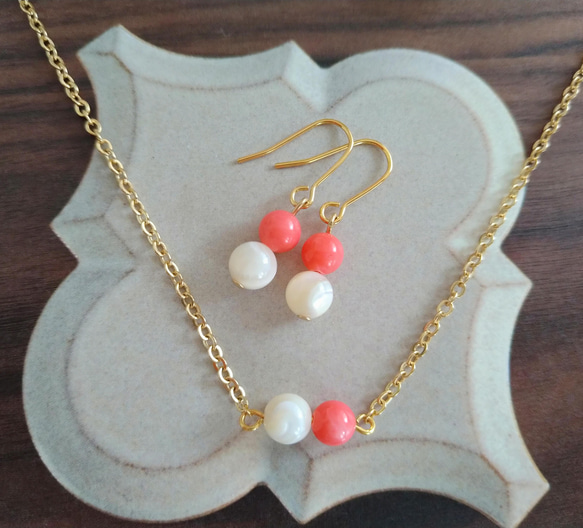 真珠と珊瑚のネックレスセット 2点まとめ 珊瑚 カメオ 丸玉 ネックレス