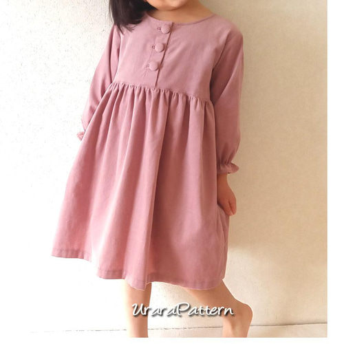 張り合せなし型紙】子供 長袖ハイウエストワンピース 80~140 型紙