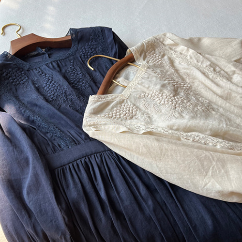 ヴィンテージ風 刺繍入りワンピース ハイウェスト ロングワンピース