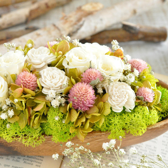 ✽母の日におすすめ✽ふんわり優しい✽春のお花畑のアレンジメント　L 【 acacia bowl ～pink～】 9枚目の画像