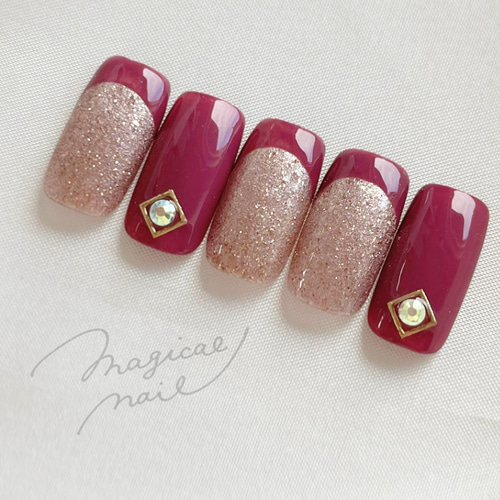 73))ネイルチップ ボルドー フレンチガーリー キラキラネイル