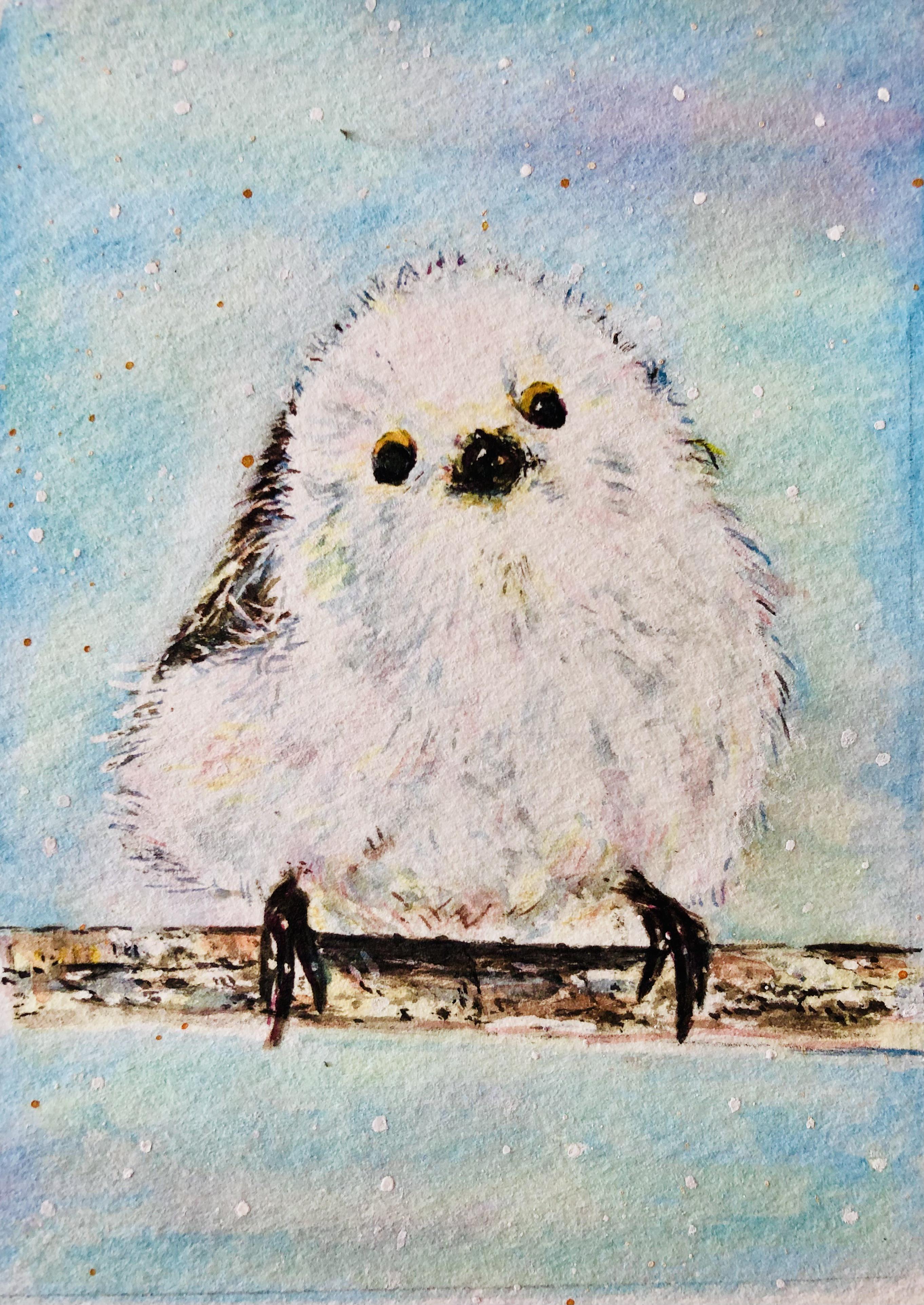 一石二鳥」 シマエナガ 油絵 原画 ミニ絵画 オリジナル 手描き