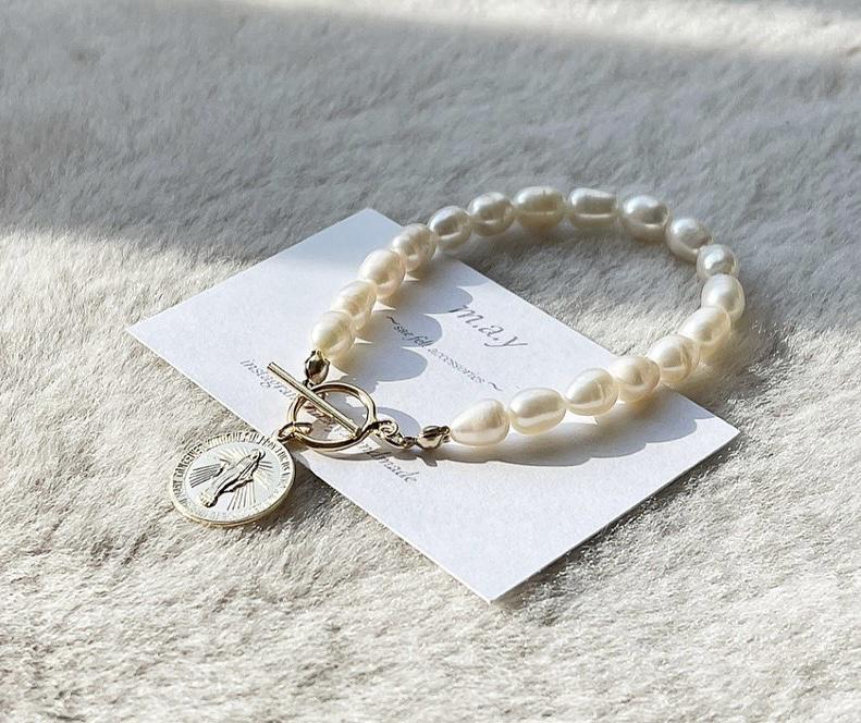 14kgf*メダイと淡水パールのブレスレット＊