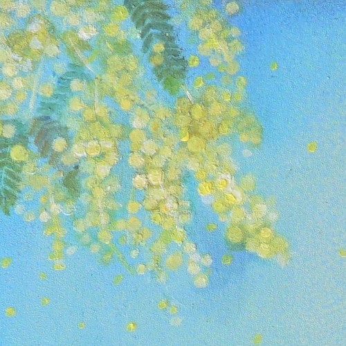 ミモザと空と子どもの絵＊水色アートパネル 絵画 hotaru