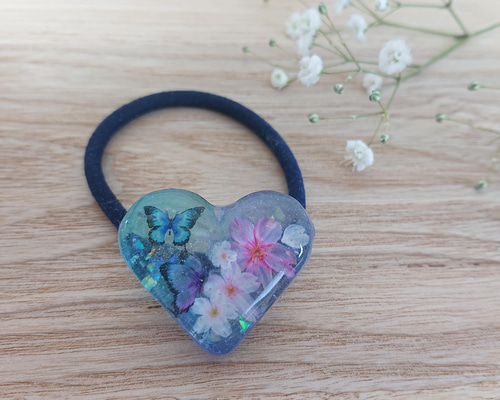 桜の花束 ブルー レジンヘアゴム 桜の花束 ブルー レジンヘアゴム 桜の