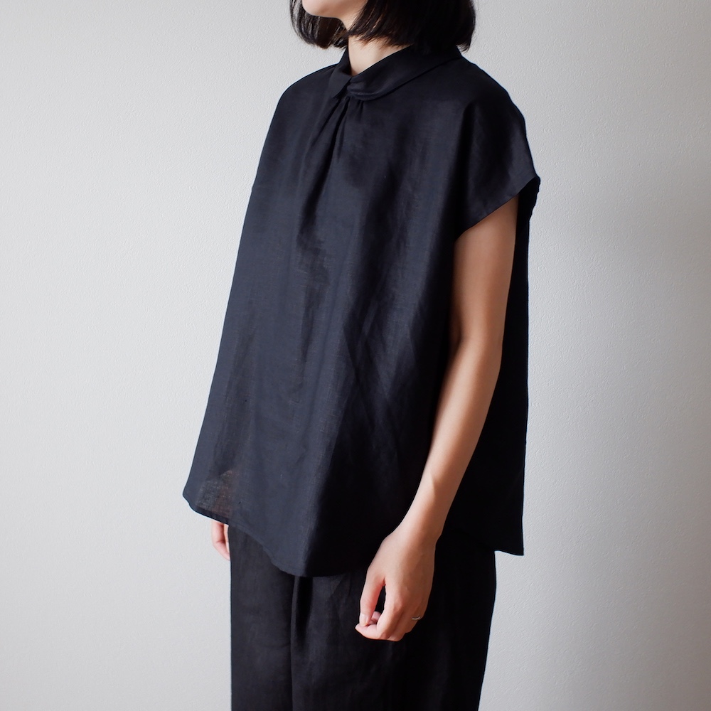 冷感 大人可愛い ナチュラル リネン 麻 春 夏 トップス ブラウス 袖あり 襟付き 無地 黒 人気 T103