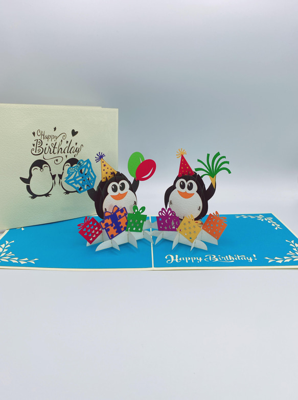 New! 手作り切り絵カード ハッピーバスディ誕生日ペンギン メッセージ