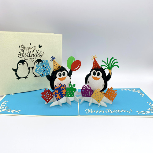 New! 手作り切り絵カード ハッピーバスディ誕生日ペンギン メッセージ
