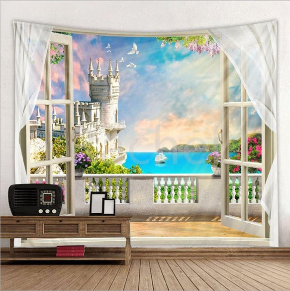 金具付きタペストリー E07 お城 宮殿 海 貴族 テラス 模様替え