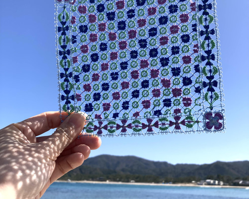 ニャンドゥティ伝説織　額縁入り12輪の白いお花　珍しい　レース　刺繍 ニャンドゥティ伝説織 額縁入り12輪の白いお花 珍しい レース