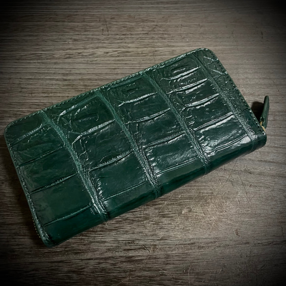 【現在写真】高級 クロコダイル 長財布 一枚革 本革 国内生産 グリーン 緑 父の日 プレゼント 人気商品 1枚目の画像