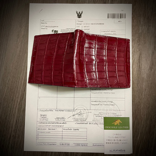 高級 クロコダイル 二つ折り 財布 マッド ワインレッド一枚革 証明書付
