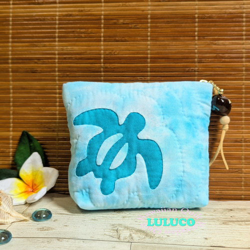 ハワイアンキルトポーチ ☆ ホヌ・ハイビスカス ブルー ポーチ LULUCO