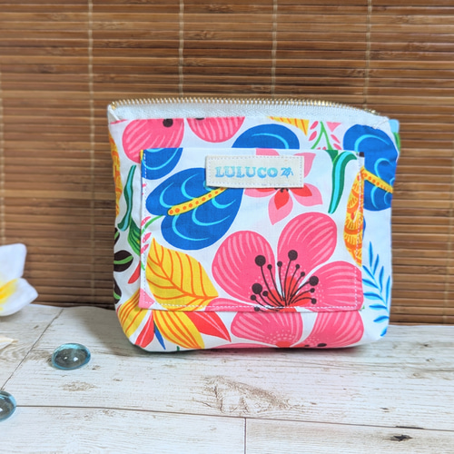 ハワイアンキルトポーチ ☆ ホヌ・ハイビスカス ブルー ポーチ LULUCO