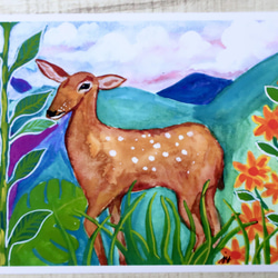 3枚セット・ミニメッセージカード２枚・手作り・鹿・水彩画イラストポストカード 1枚目の画像