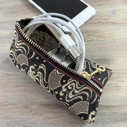 扇と流水】畳縁 テトラ型 小銭入れ ミニポーチ 黒 金 銀 和風 吉祥文様  