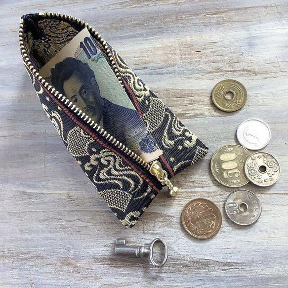 扇と流水】畳縁 テトラ型 小銭入れ ミニポーチ 黒 金 銀 和風 吉祥文様  