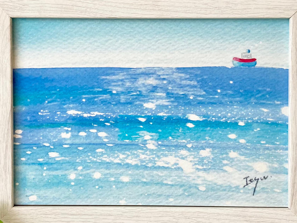 透明水彩画　A4ポスター「静かな海」イラスト　イラストポスター　ナチュラルインテリア　海　船　母の日　母の日ギフト 2枚目の画像