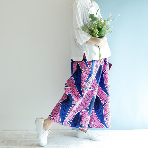 アフリカンプリント フレアワイドパンツ ピンク おでかけにも！旅行や