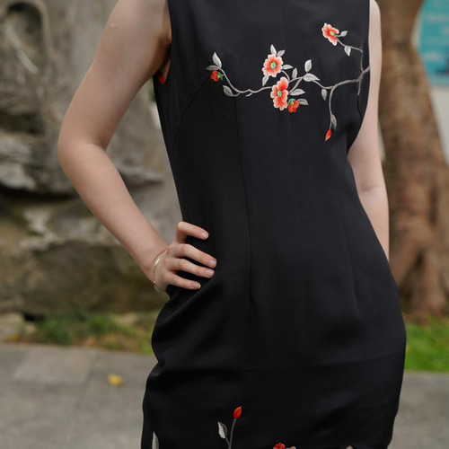 プレミアムシルク100% チーパオチョンサン チャイナドレス 立て襟