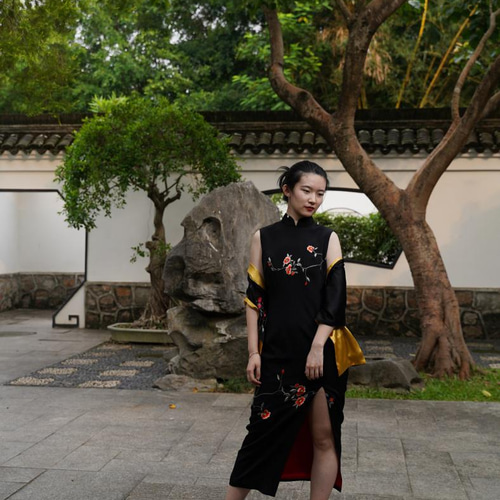 プレミアムシルク100% チーパオチョンサン チャイナドレス 立て襟