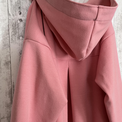 春くすみピンク色ツイードニットドルマンフード付きロングカーディガン
