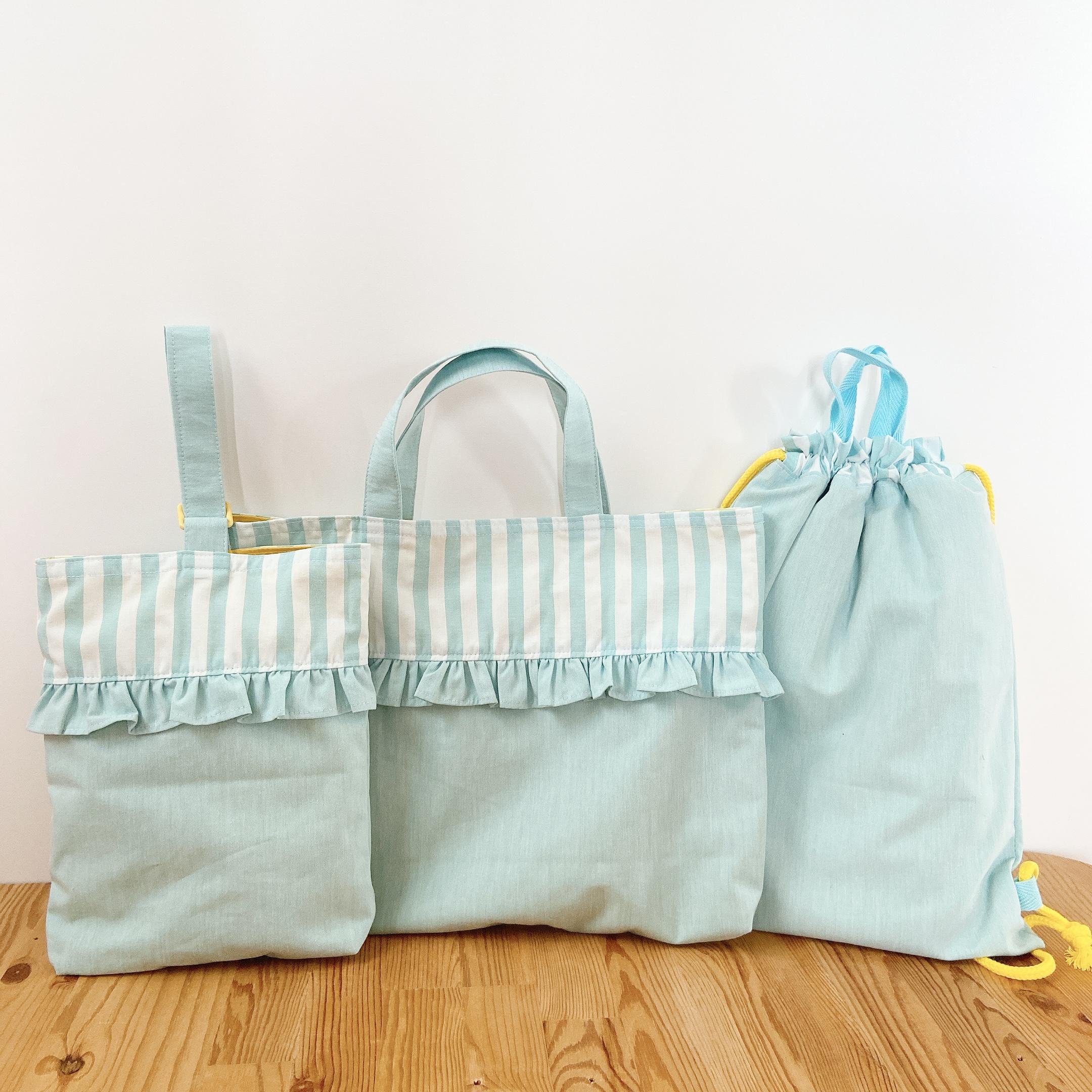 あんこ！花柄フリルレッスンバッグ+上履き袋+体操服袋　ミントグリーン