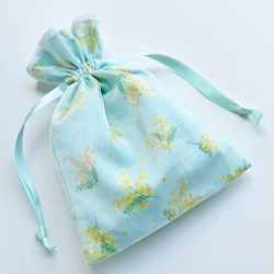 透け感の美しい 上品なオーガンジー花柄巾着ポーチ ひまわり