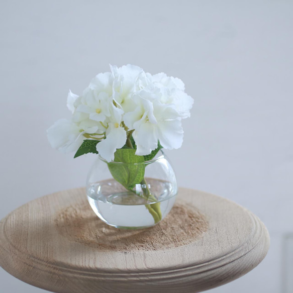 （水換え不要）紫陽花の丸ガラス花瓶挿し　ホワイト 3枚目の画像