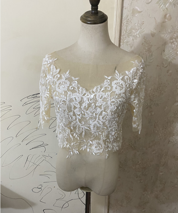 ウエディングドレス トップスのみ 3D立体レース刺繍 ボレロ 七分袖丈 花嫁/ウェディングドレ 1枚目の画像