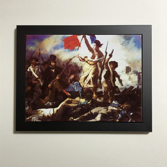 3*5様 アンティーク　木製金彩　額縁入り　絵画、旗を持つ貴公子(?) 民衆を導く自由の女神 ドラクロワ フォトタイル木製フレーム付き