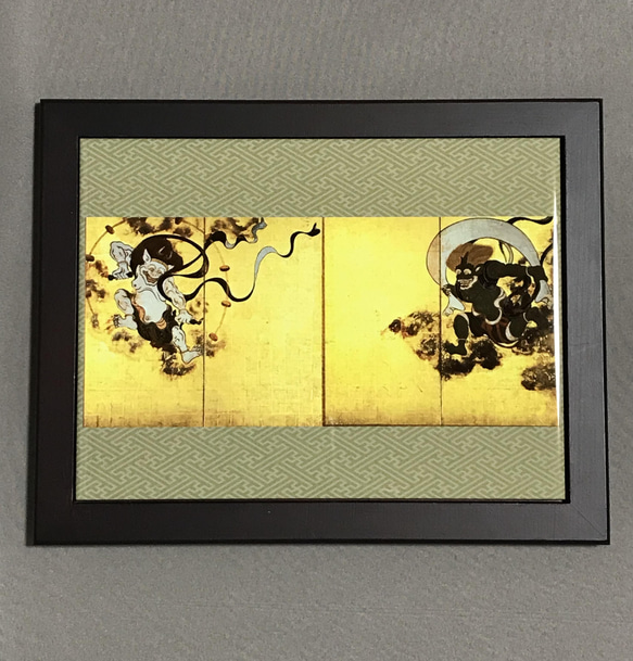 太田光嶺　金彩革　三色菫　絵画 木製フレーム付き 俵屋宗達 風神雷神図屏風 フォトタイル木製フレーム付き 絵画