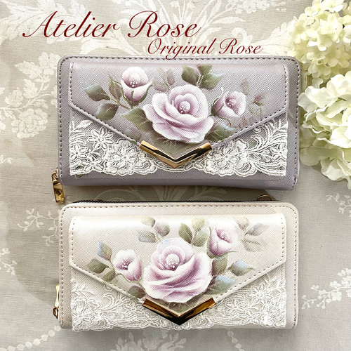 ♡再販しました！手描きのバラとレースのお財布ポシェット 両面バラ