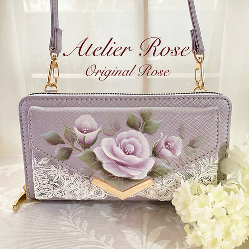 ♡再販しました！手描きのバラとレースのお財布ポシェット 両面