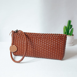 手編み牛革ショルダーバッグメッシュポシェットバッグ斜め掛け 茶色