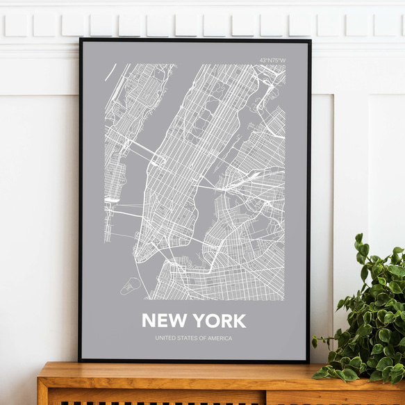 アートポスター MAP ニューヨーク グレー L判 ハガキ 2L判 A4 A3 B3 A2 B2 アート モノトーン 2枚目の画像
