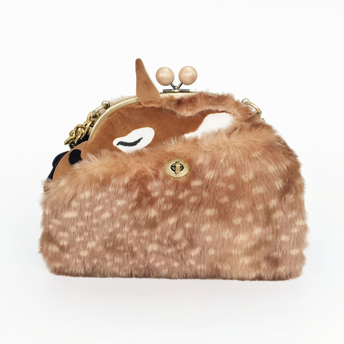 バンビ フェイクファー がまぐち トートバッグ シ 天然木な 大容量