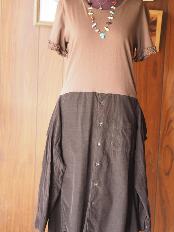 棕色燈芯絨 Remake 襯衫連衣裙 第8張的照片
