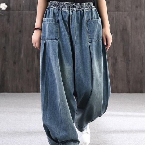 カーゴ パンツ 黒 デニム ガウチョ パンツ レディース ワイド