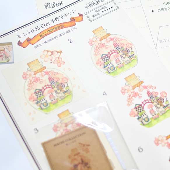 手作りキット＊ミニ3次元ボックス「瓶入り桜町」正方形タイプ《空想街雑貨店》 2枚目の画像