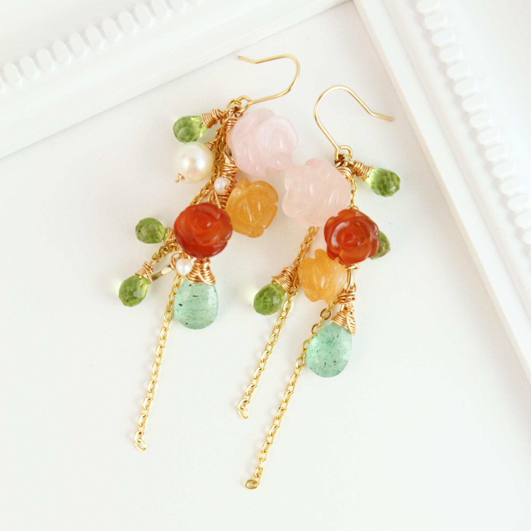 【春ピアス】薔薇とあこや真珠の耳飾り