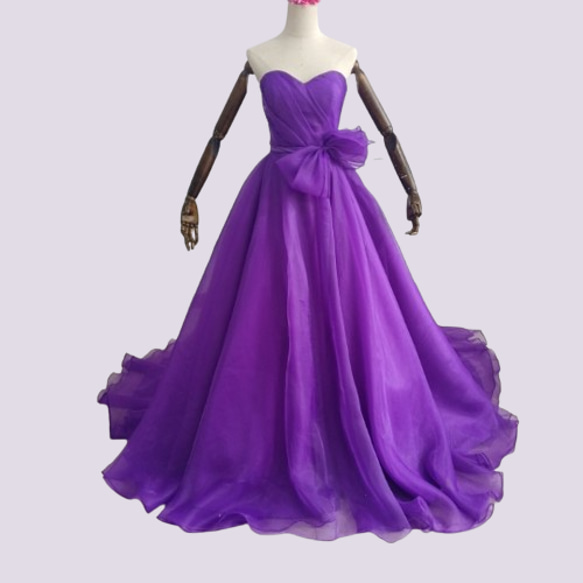 カラードレス パープル 上質オーガンジー リボン 绮丽な 派手な 披露宴  