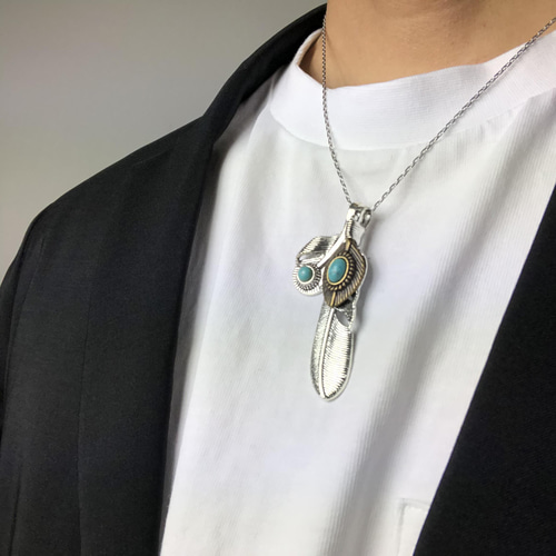 kw Creema限定 フェザーダブル ターコイズ ネックレス メンズ 送料無料