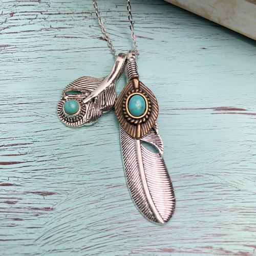 kw Creema限定 フェザーダブル ターコイズ ネックレス メンズ 送料無料