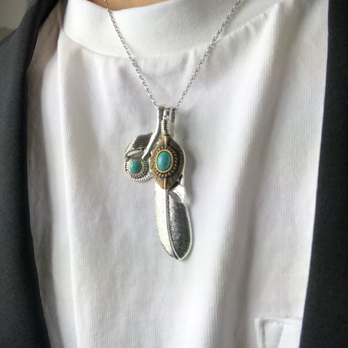 kw Creema限定 フェザーダブル ターコイズ ネックレス メンズ 送料無料