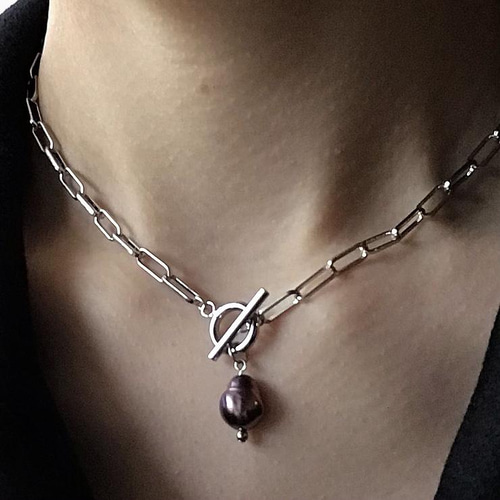 一粒淡水バロックパール 黒蝶真珠 マンテル チョーカー チェーン  