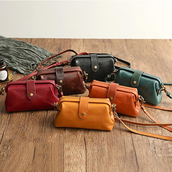 可愛い本革ミニショルダーバッグ 黄色 ワインレッド グリーン レザーショルダー 12枚目の画像